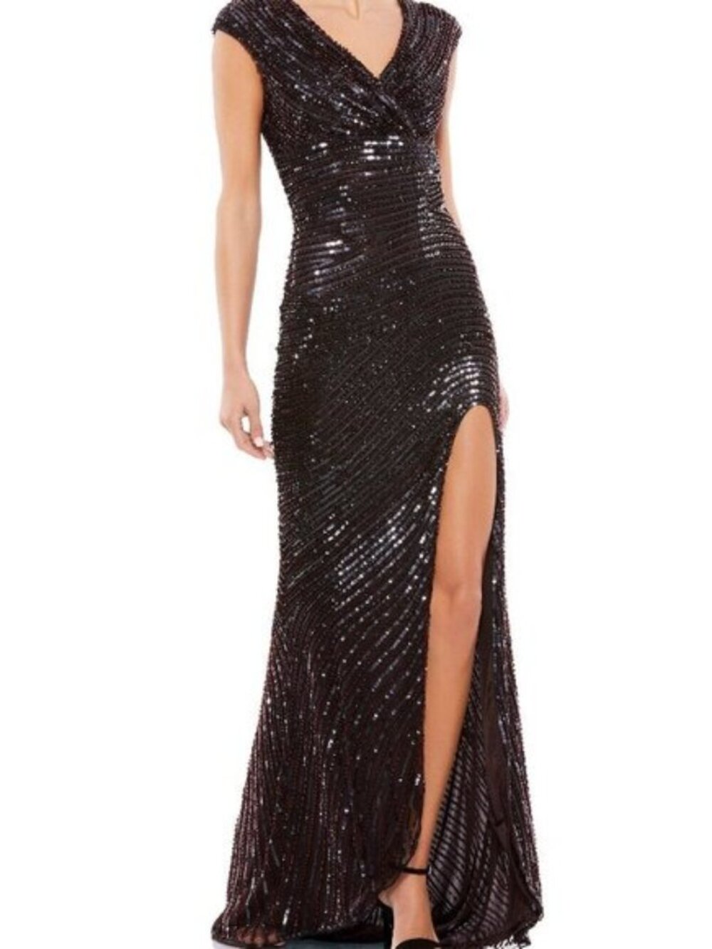 Mac Duggal Dark Brown Cap Sleeve Sequined Evening Gown